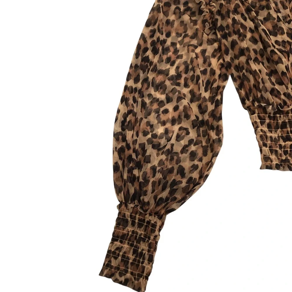 Free People Sheer Leopard Print Top with Ruffle Details Size S